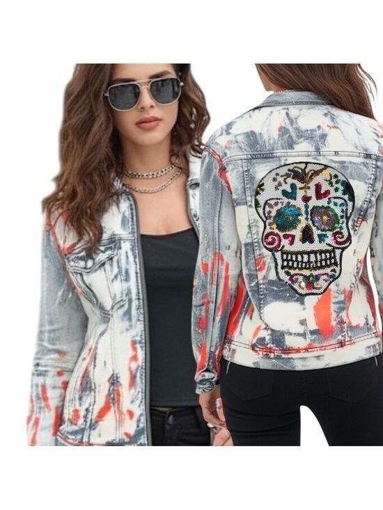 Rockstar Original Jackets & Blazers - Your Adventure Oversized Sequin Sugar Skull Denim Jacket Customize with Travel!